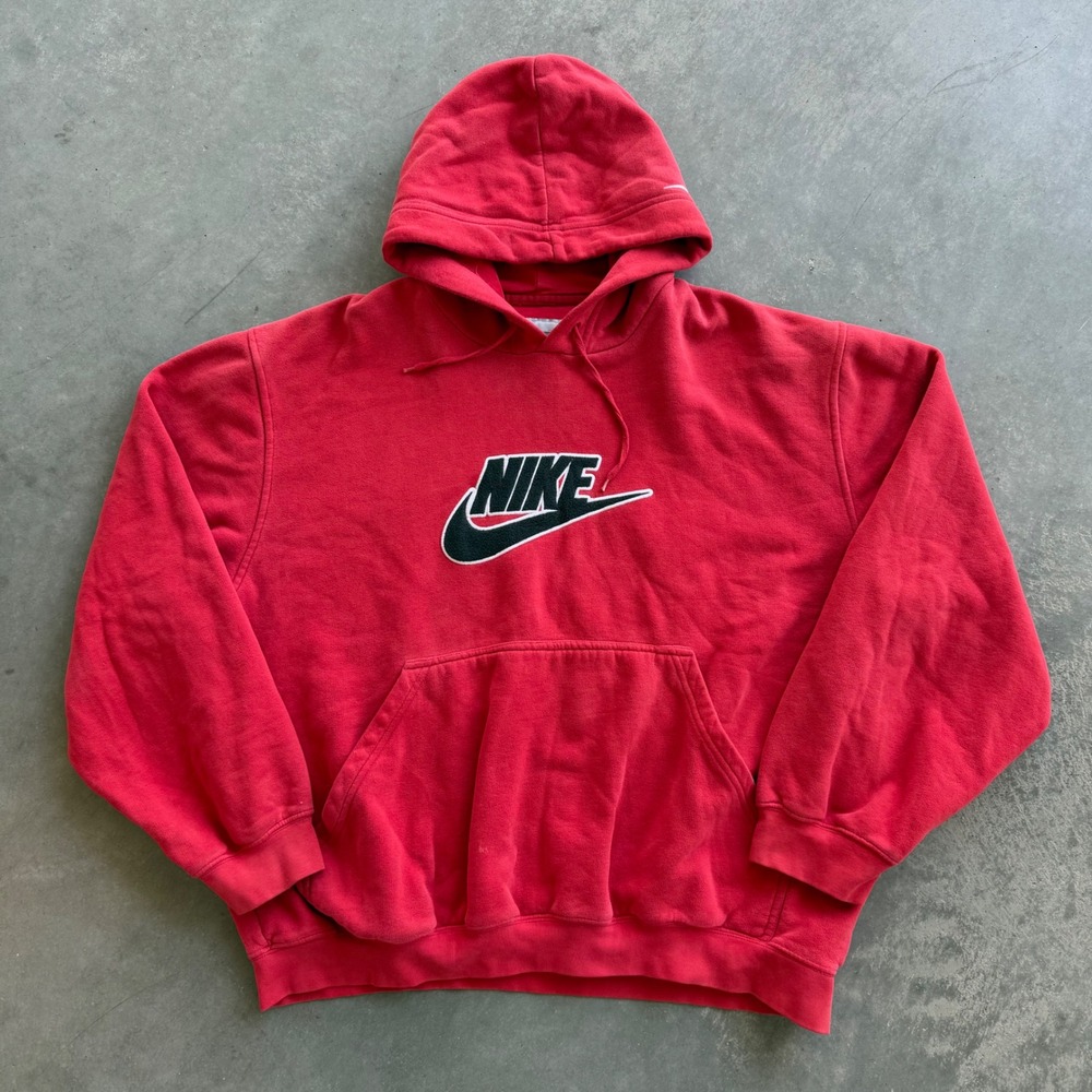 Vintage 2000s Nike Mens Red Center Swoosh Embroidered Logo Pullover Hoodie Large